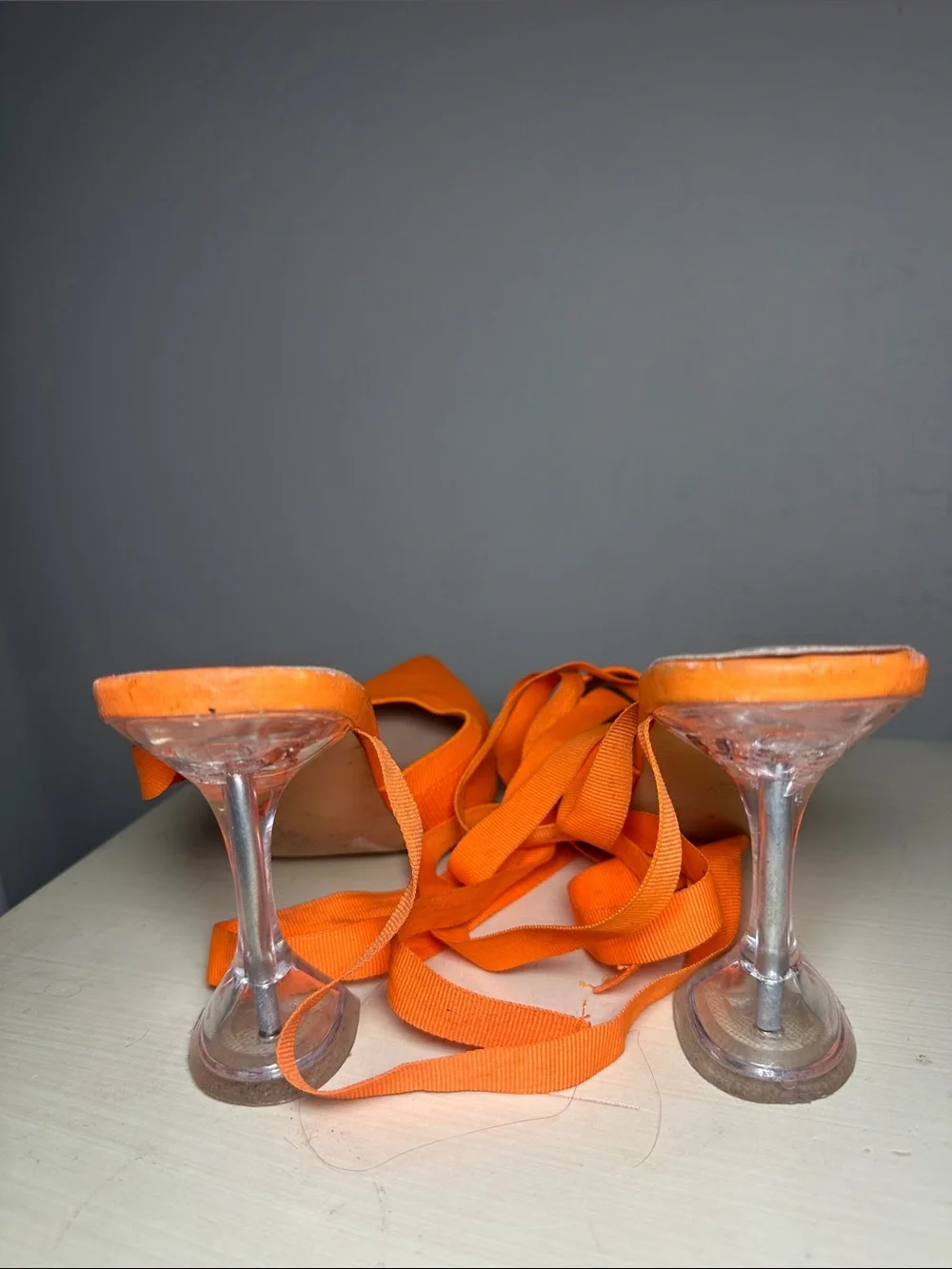 Cuccoo Orange Pointed Toe Lace-Up see through heels